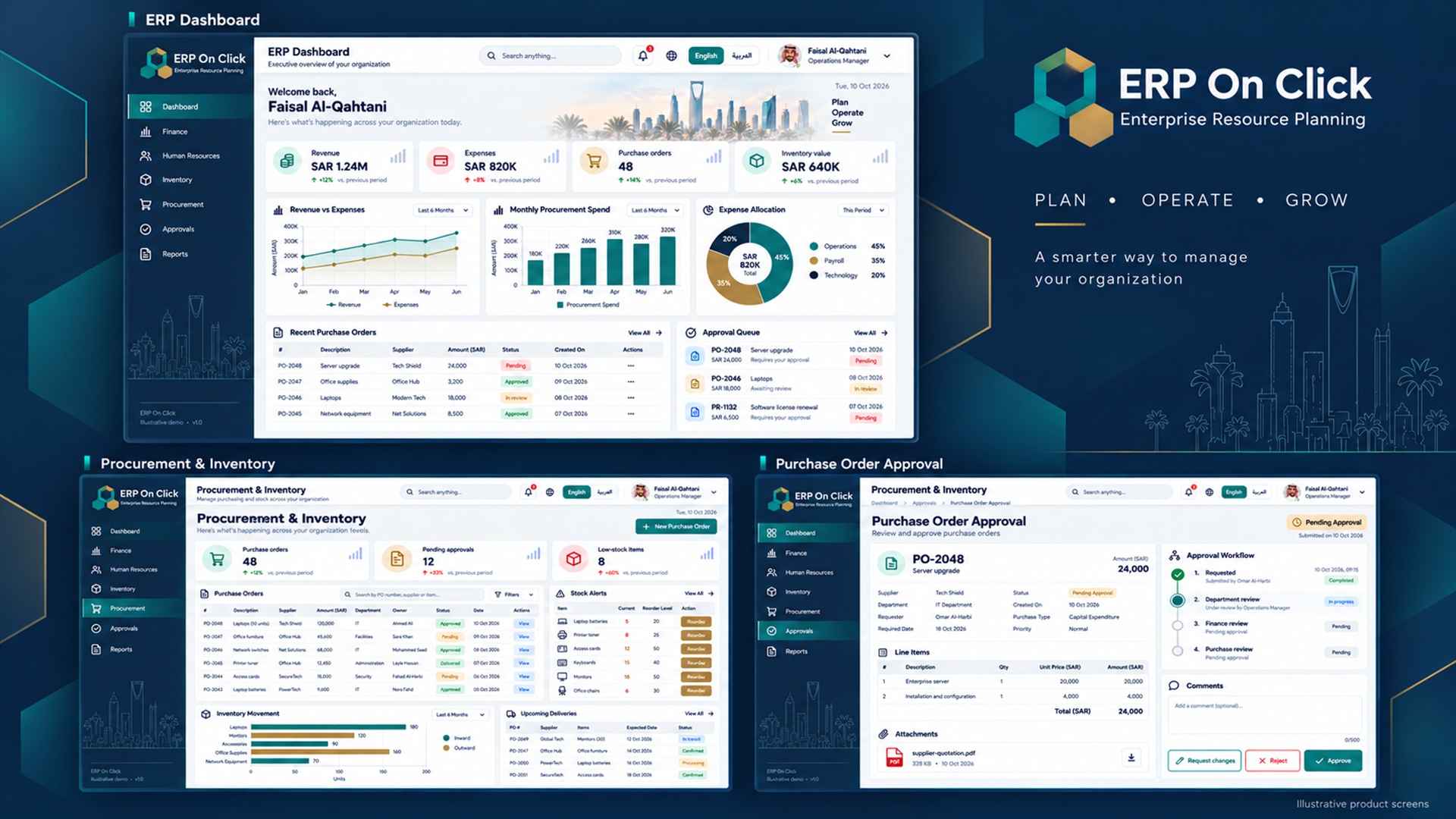 ERP On Click — Enterprise Resource Planning interface collage