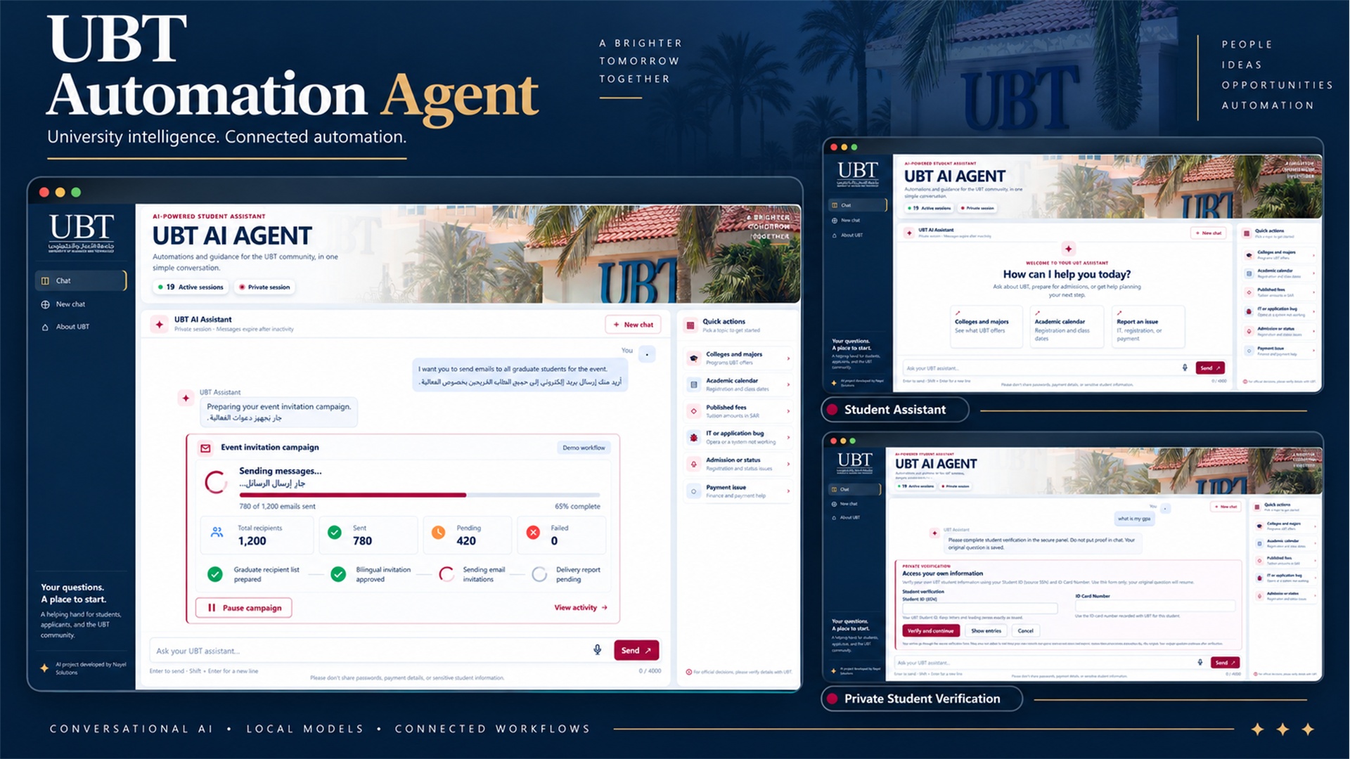 UBT Automation Agent collage: student assistant, private verification and event email automation